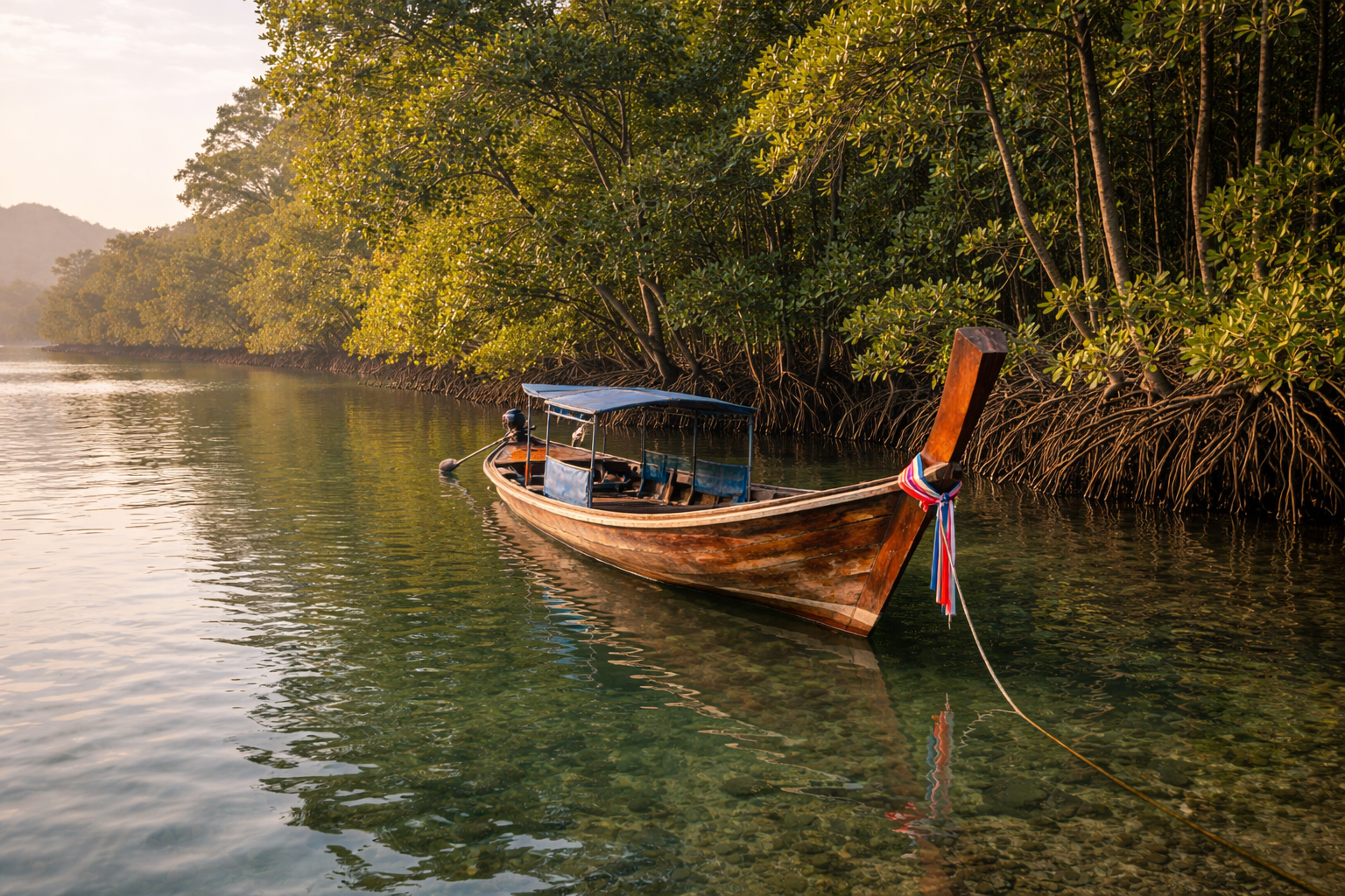 Longtail boat near mangrove edge